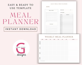 Programação de menu semanal e planejador de preparação de refeições diárias - download instantâneo de PDF - modelo em branco para impressão