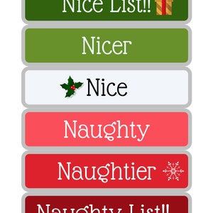 Pode incluir: Uma lista de Natal verde, vermelha e branca com as palavras "Nice List!" com um &iacute;cone de presente, "Nicer", "Nice" com um &iacute;cone de azevinho, "Naughty", "Naughtier" com um &iacute;cone de floco de neve e "Naughty List!"