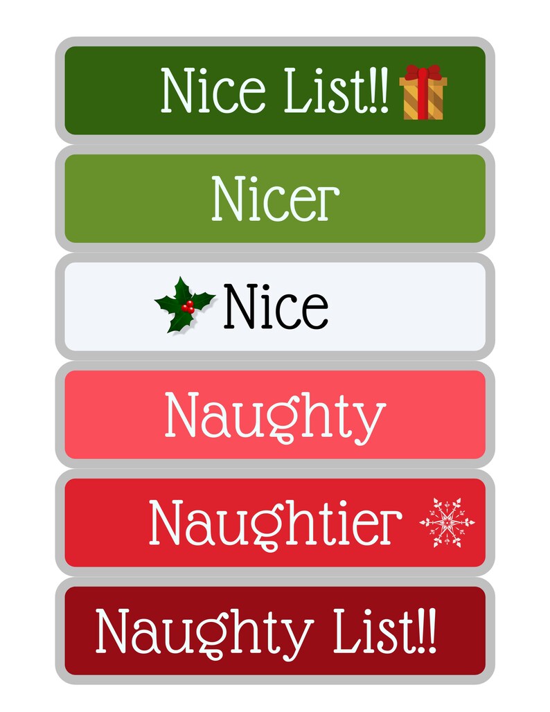 Pode incluir: Uma lista de Natal verde, vermelha e branca com as palavras "Nice List!" com um &iacute;cone de presente, "Nicer", "Nice" com um &iacute;cone de azevinho, "Naughty", "Naughtier" com um &iacute;cone de floco de neve e "Naughty List!"