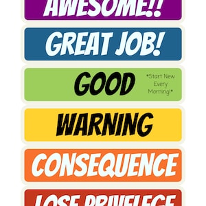 Pode incluir: Seis etiquetas retangulares coloridas com texto branco e contornos pretos. As etiquetas s&atilde;o lidas de cima para baixo: Awesome!!, Great Job!, Good, Warning, Consequence, Lose Privilege. A etiqueta com o texto "Good" tamb&eacute;m tem o texto "*Start New Every Morning!*" em um tipo de letra menor.