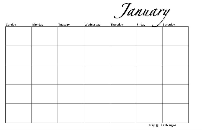 Blank Monthly Calendar Printable PDF Minimalist Black and White