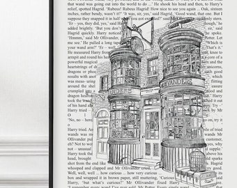 May include: A black and white illustration of a shop called "Ollivanders" in Diagon Alley from the Harry Potter series. The text "Ollivanders" is written in a cursive font above the shop's entrance. The shop has a sign that reads "Wandmakers" and a window with a cage containing a bird. The illustration is surrounded by text from the Harry Potter book series.