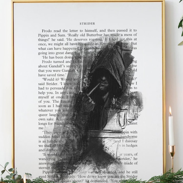 Vintage book page art decorative, Aragorn art print Lord of the rings, hobbit, modern art, Christmas gift, present, fantasy art print