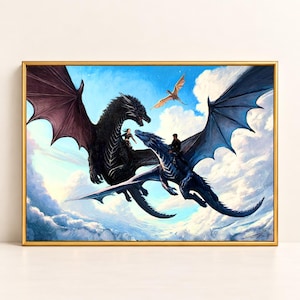 May include: A framed painting depicts two large dragons flying through a bright blue sky filled with white clouds. One dragon is black, the other is blue, and each carries a rider on its back. A smaller golden dragon flies in the distance.
