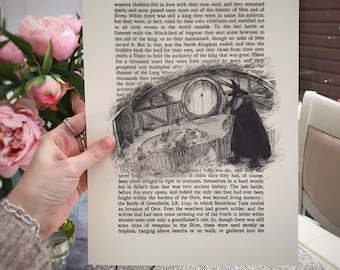 May include: A black and white illustration of a hobbit house with a round door and a figure in a black cloak and hat standing in front of the house. The text "PROLOGUE" is at the top of the page. The text reads "western Hobbits fell in love with their new land, and they remained there, and soon passed once more out of the history of Men and of Elves. While there was still a king they were in name his subjects, but they were, in fact, ruled by their own chieftains and meddled not at all with events in the world outside. To the last battle at Fornost with the Witch-lord of Angmar they sent some bowmen to the aid of the king, or so they maintained, though no tales of Men record it. But in that war the North Kingdom ended; and then the Hobbits took the land for their own, and they chose from their own chiefs a Thain to hold the authority of the king that was gone. There for a thousand years they were little troubled by wars, and they prospered and multiplied after disaster of the Long Winter until the time of ..."