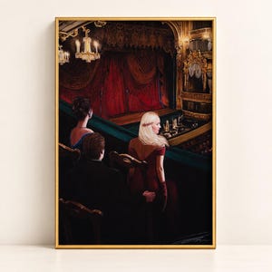 May include: A framed art print depicting a theater interior with a red curtained stage and ornate gold balconies. Three figures are seated in the foreground, viewed from behind, watching a performance in a dimly lit, opulent auditorium.