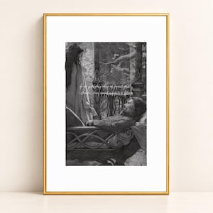 May include: A black and white framed art print depicting a person standing beside another person lying on a decorative bed. The text reads: Do you remember the first time? I thought I had wandered into a dream. The scene features intricate linework.