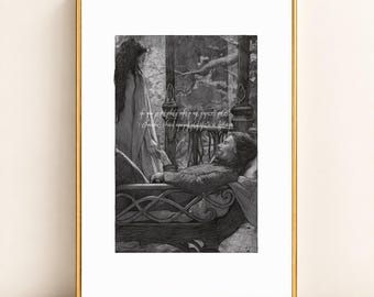 May include: A black and white framed art print depicting a person standing beside another person lying on a decorative bed. The text reads: Do you remember the first time? I thought I had wandered into a dream. The scene features intricate linework.