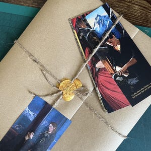 May include: A brown paper package tied with twine and sealed with a gold wax seal featuring a tree design. Two rectangular bookmarks are tucked under the twine, each displaying a colorful illustration of two figures and text.
