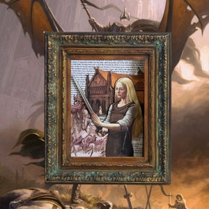 May include: A framed illustration of a woman holding a sword. The woman is wearing a brown dress and has long blonde hair. The background is a collage of text and images, including a building with a pointed roof and a scene of people riding horses.
