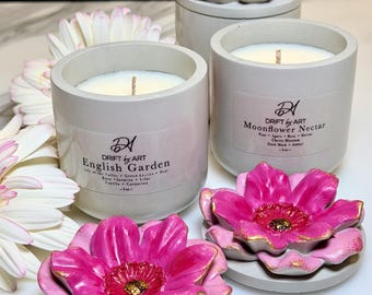 Handmade Gerbera Flower Candle: Spring Scented Soy Wax, Concrete Vessel