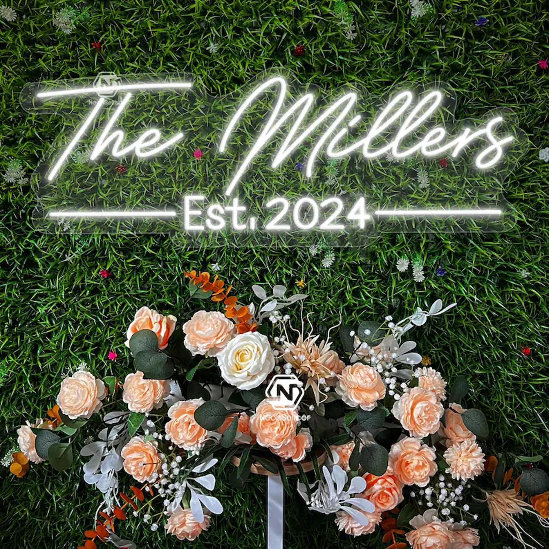 Custom Wedding Last Name Neon Sign, Wedding Family Name LED Neon Light, Wedding Grass Wall Backdrop Decor, Home Wall Decor, Gift for Newly