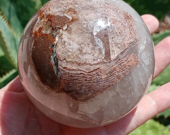 1.10LB Beautiful Natural Red Pink Smoky Garden Ghost Phantom Layer Scenic Inclusion Quartz Crystal Sphere