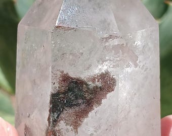 Natural Lodolite Quartz Crystal Obelisk: Scenic Garden, Rainbow Inclusions (2.5"×1.5")