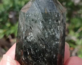 Dark Green Phantom Quartz Obelisk: Natural Lodolite Inclusion Crystal Tower