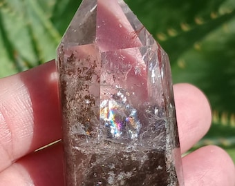 Clear Quartz Lodolite Tower: Green Garden Scenic, Rainbow Inclusions, Under 2"