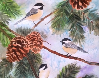 Chickadees A Whole-Cloth Cotton Print with Dusty Blue Background Potholder Great Gift Idea Adorable