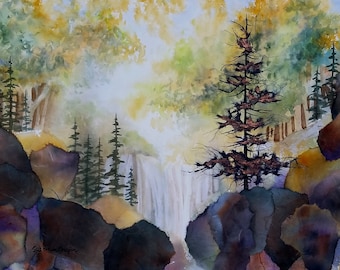 May include: Watercolor painting of a forest scene with a waterfall. The artwork features a central, dark brown tree and several green pine trees. The foreground includes large, dark rocks. The background shows a waterfall and a forest with yellow and green foliage.