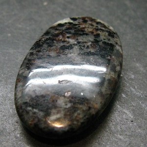 May include: An oval-shaped polished stone featuring a mottled pattern of black, dark brown, and grey mineral inclusions. The surface is smooth and reflective, displaying a high-gloss finish that highlights the natural variations in the stone's texture.