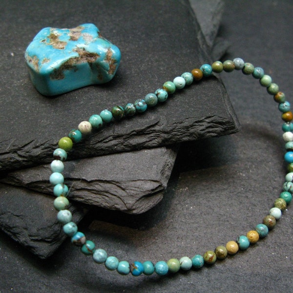 Bracelet turquoise véritable non traité ~ 7 pouces ~ perles rondes de 4 mm