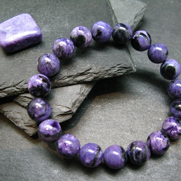 Charoite Genuine Bracelet ~ 7 Inches  ~ 10mm Round Beads