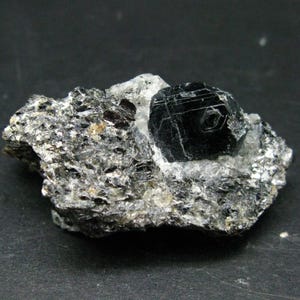 Op de afbeelding: Een ruw mineraal exemplaar met een enkele, prominente, glanzend zwarte zeshoekige kristal ingebed in een ruwe, getextureerde matrix van grijs en zwart kristallijn gesteente. Het centrale kristal vertoont duidelijke geometrische facetten en een donker oppervlak.