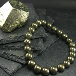 Bracciale in pirite genuina ~ perle rotonde da 7 pollici ~ 8 mm