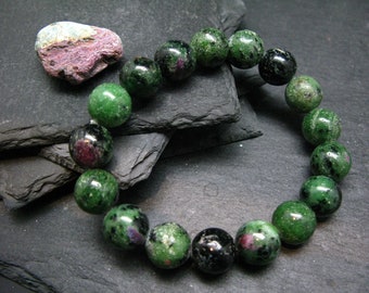 Ruby in Zoisite Genuine Bracelet ~ 7 Inches  ~ 12mm Round Beads