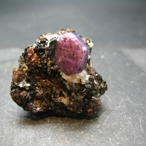 Puede incluir: Una gema púrpura y azul, un rubí, está incrustada en una roca gris oscura. El rubí es un cristal hexagonal con una superficie rugosa.