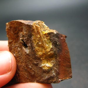 May include: A close-up of a rough, brown and yellow rock with a crystalline texture. The rock has a natural, earthy appearance.