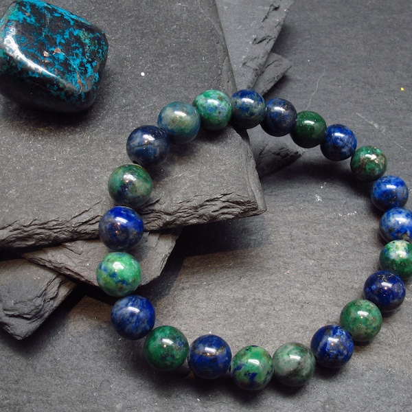 Quantum Quattro (Dioptase Chrysocola Malachite Shattuckite) Genuine Bracelet ~ 7 Inches  ~ 8mm Round Beads