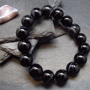 Black Agate Genuine Bracelet ~ 7 Inches  ~ 12mm Round Beads