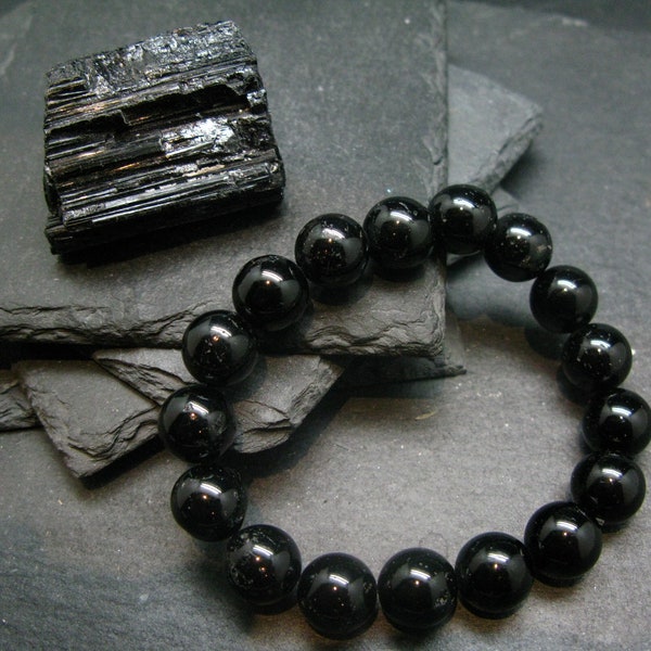 Black Tourmaline Genuine Bracelet ~ 7 Inches  ~ 12mm Round Beads