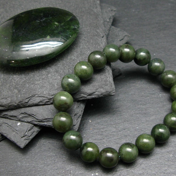 Jade Nephrite Genuine Bracelet ~ 7 Inches  ~ 10mm Round Beads
