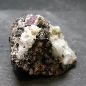 May include: A close-up of a rough mineral specimen. The rock is a mix of dark grey, black, and white, with a prominent, vibrant pink crystal embedded in the centre. The overall texture is coarse and granular.