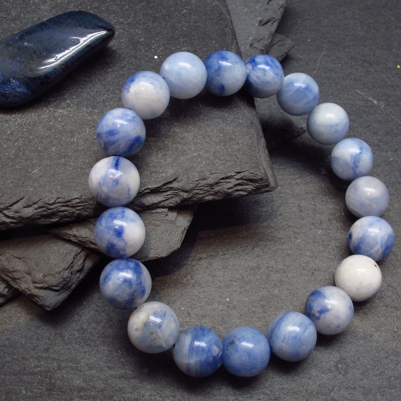Bracelet Perles Dumortierite Et Calcile 8mm Marbrées Collection H&Co - Neuf Avec étiquettes