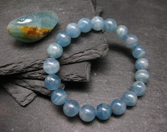 Pulsera genuina de calcita acuatina lemuriana (7 pulgadas, cuentas redondas de 10 mm)