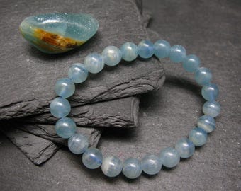 Pulsera auténtica de calcita acuática lemuriana ~ 7 pulgadas ~ Cuentas redondas de 8 mm