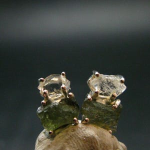 Moldavite & Herkimer Diamond Silver Stud Earrings - 0.4" - 2.52 Grams