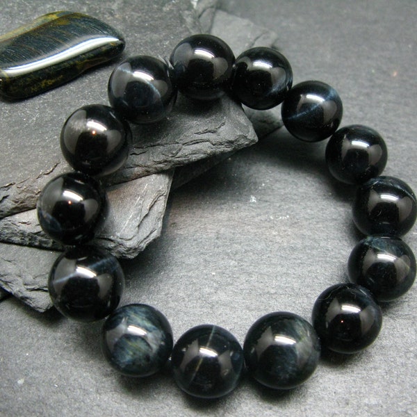 Hawks Eye Genuine Bracelet ~ 7 Inches  ~ 14mm Round Beads