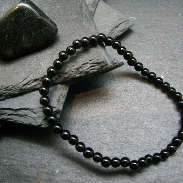 Black Onyx Genuine Bracelet ~ 7 Inches  ~ 4mm Round Beads