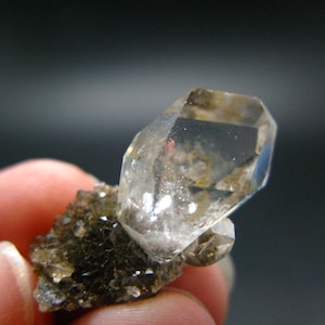 Peut inclure: Une pointe de cristal de quartz hexagonal transparent fixée sur une matrice minérale sombre, texturée et brun-noir. Le cristal présente des facettes géométriques nettes et des inclusions internes, offrant un contraste naturel entre le sommet transparent et la base sombre.