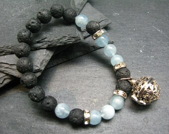 Aquamarine & Lava Genuine Bracelet ~ 7 Inches  ~ 8mm Round Beads