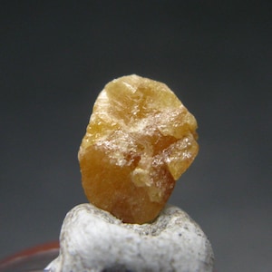 May include: A close-up of a rough, amber-colored mineral specimen. The mineral has a crystalline structure and sits atop a small, light-colored rock. The background is a blurred, dark gray.