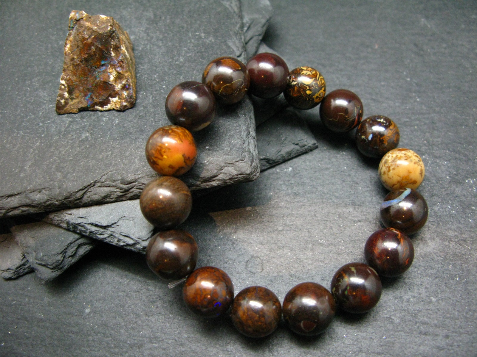 Boulder Opal Genuine Bracelet ~ 7 Inches  ~ 12mm Round Beads