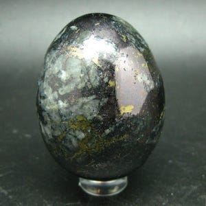 May include: A smooth, dark gray and black egg-shaped stone with gold and silver flecks. The stone is polished and has a reflective surface.