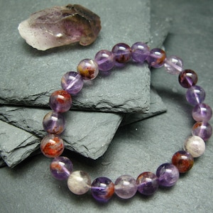 Cacoxenite in Amethyst Genuine Bracelet ~ 7 Inches  ~ 8mm Round Beads