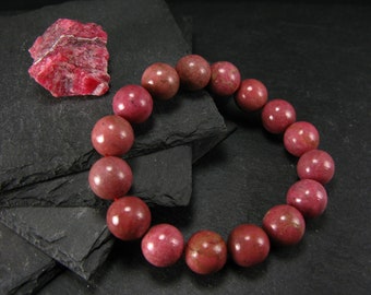 Rhodonite Genuine Bracelet ~ 7 Inches  ~ 12mm Round Beads