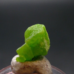 May include: A vibrant, lime-green crystal cluster, showcasing a rough, textured surface. The crystal sits atop a small, rounded, light-brown stone, set against a dark gray background. The crystal's color is a bright, eye-catching green.