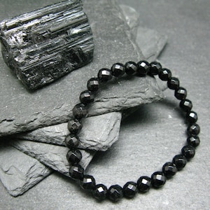 Black Tourmaline Genuine Bracelet ~ 6.5 Inches  ~ 6mm Round Facetted Beads